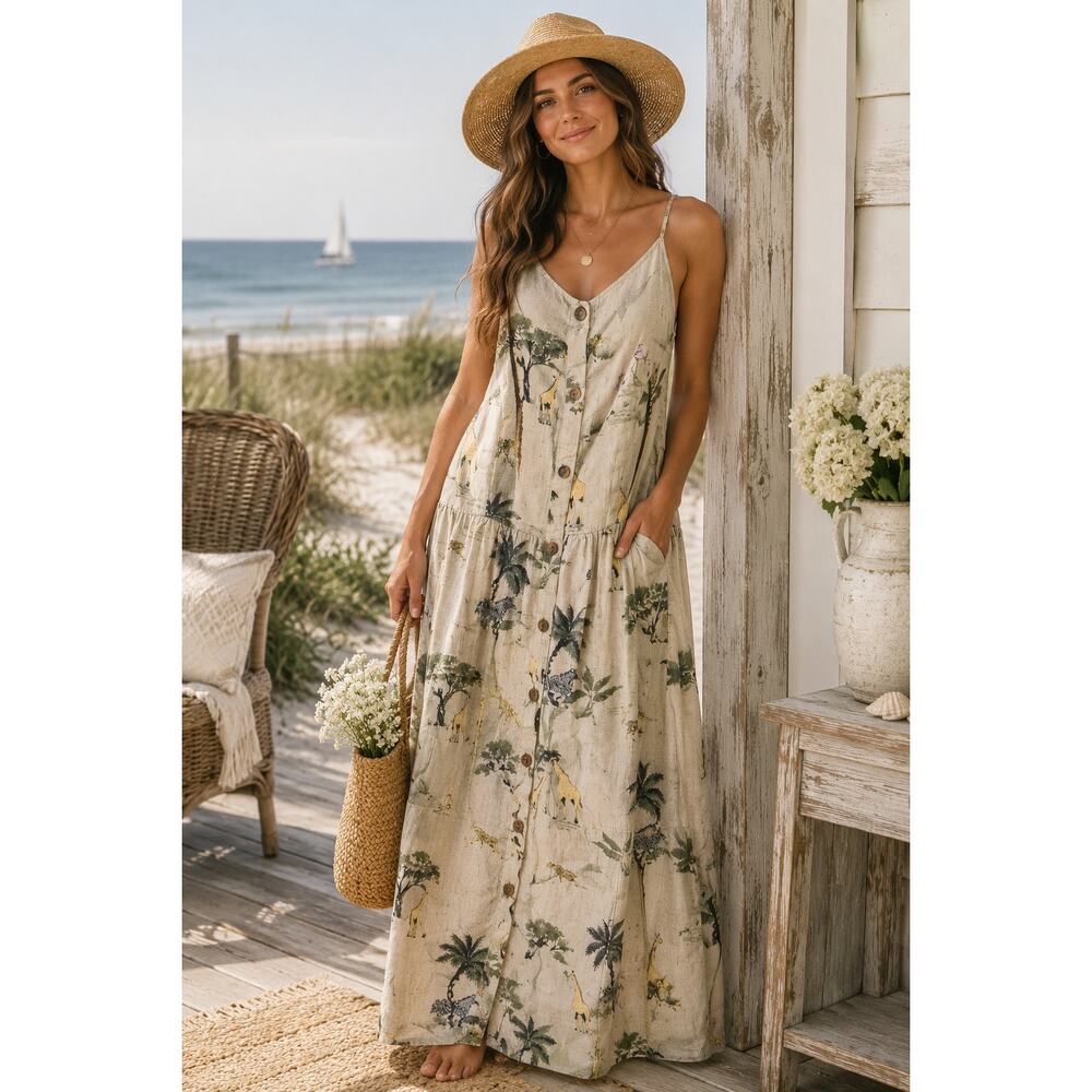 Coastal Cottagecore Safari Print Maxi Dress XS Boho Button Down Smocked Beach